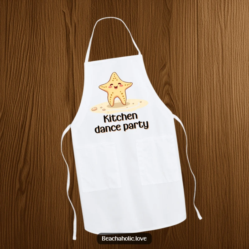 Funny starfish apron: a playful starfish dances on wet sand while cooking, a humorous kitchen accessory, ideal funny gift.