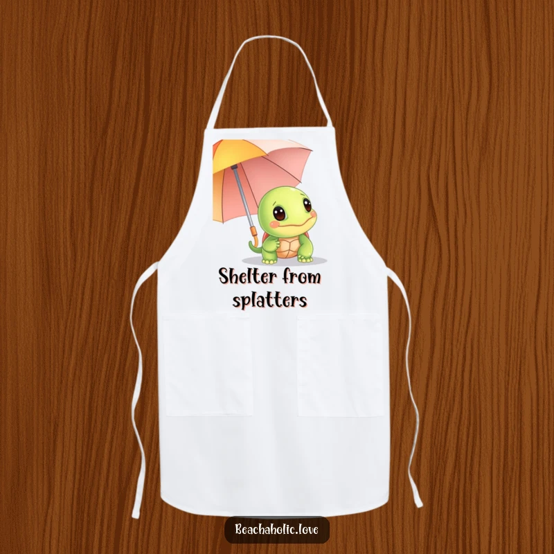 Funny turtle apron: a giggling turtle hides behind a bright umbrella while cooking, a humorous kitchen accessory, ideal funny gift.