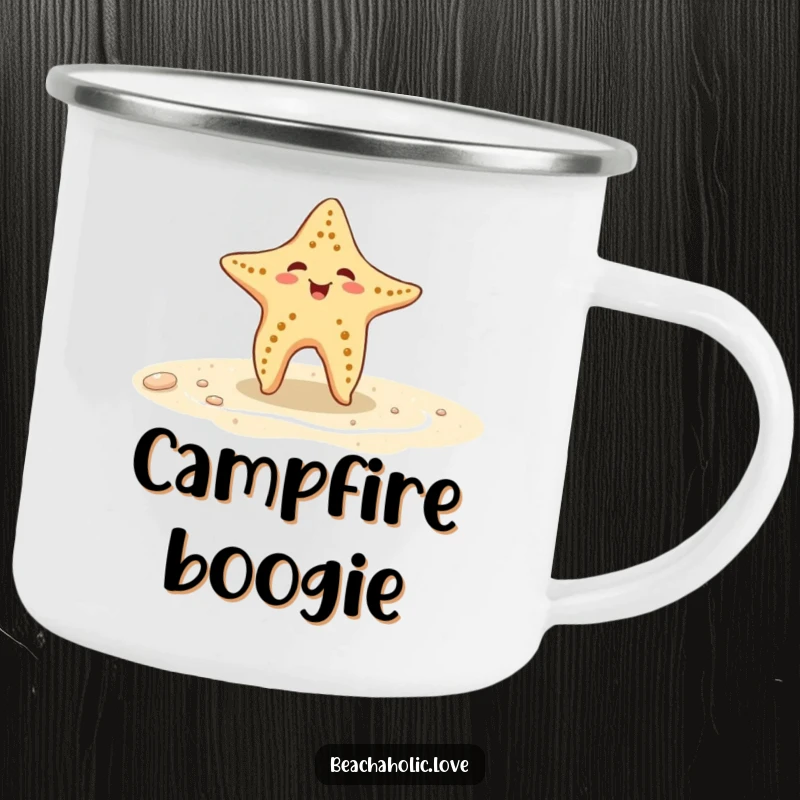 Funny starfish camping mug: a playful starfish dances on wet sand, built for adventure and smiles, an awesome funny gift.