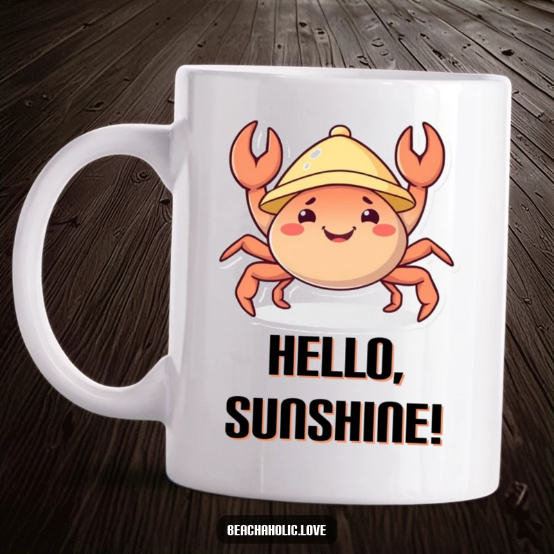Funny crab mug: a cheerful crab wearing a tiny sunhat joyfully wiggles its claws, exuding beach vacation vibes, perfect funny gift.
