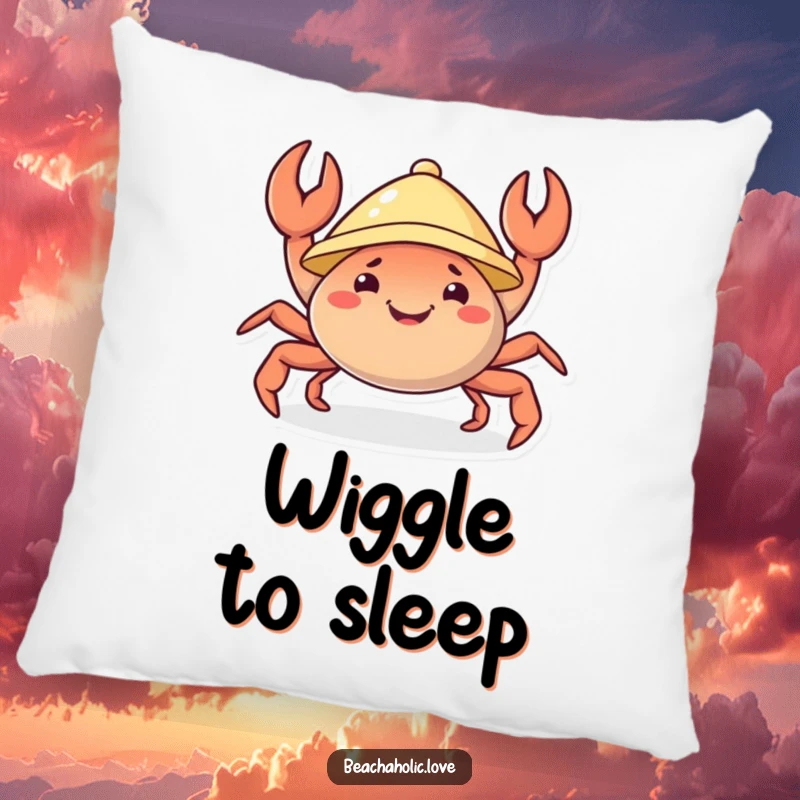 Funny crab pillow: a cheerful crab in a sunhat wiggles its claws joyfully, adding playful comfort and humor, a great funny gift.