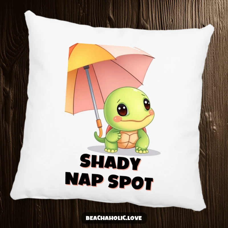 Funny turtle pillow: a giggling turtle hides behind a bright umbrella, adding cheerful comfort and humor, a great funny gift.