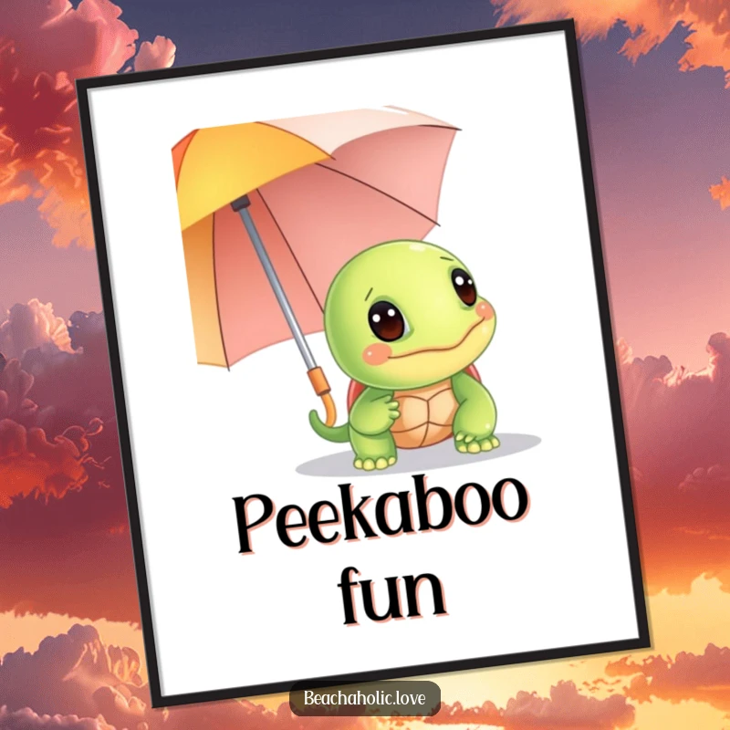 Funny turtle digital art print: a giggling turtle peeks from behind a bright umbrella, vibrant and humorous wall art, instant funny gift.