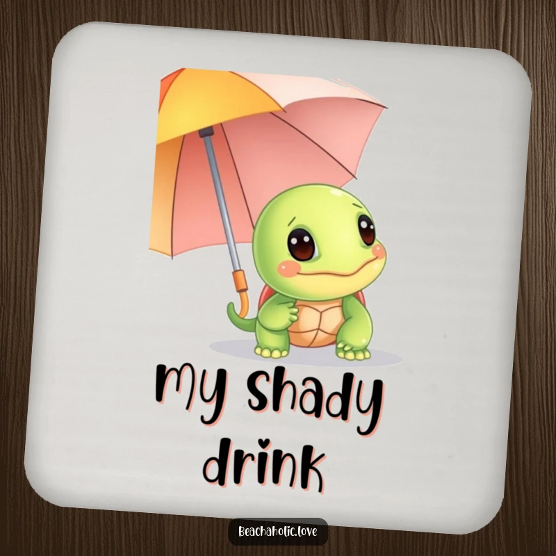 Funny turtle coaster: a giggling turtle hides behind a bright umbrella, protecting surfaces with style, a charming funny gift.