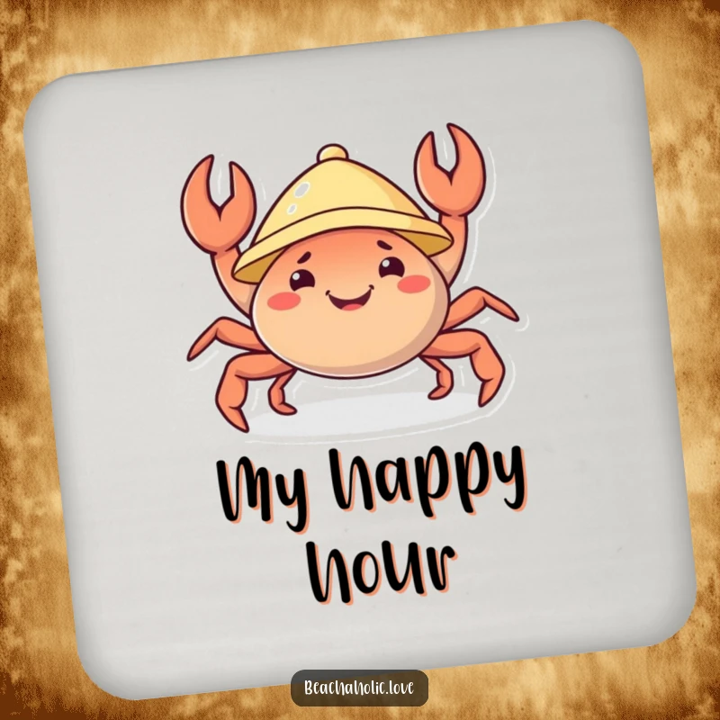Funny crab coaster: a cheerful crab in a sunhat wiggles its claws, protecting surfaces with style, a charming funny gift.