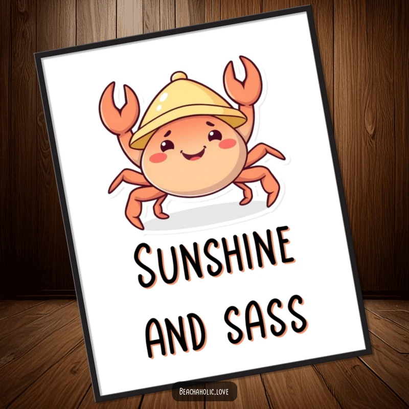 Funny crab poster: a cheerful crab wearing a sunhat joyfully wiggles its claws, creating a happy and colorful wall art, ideal funny gift.