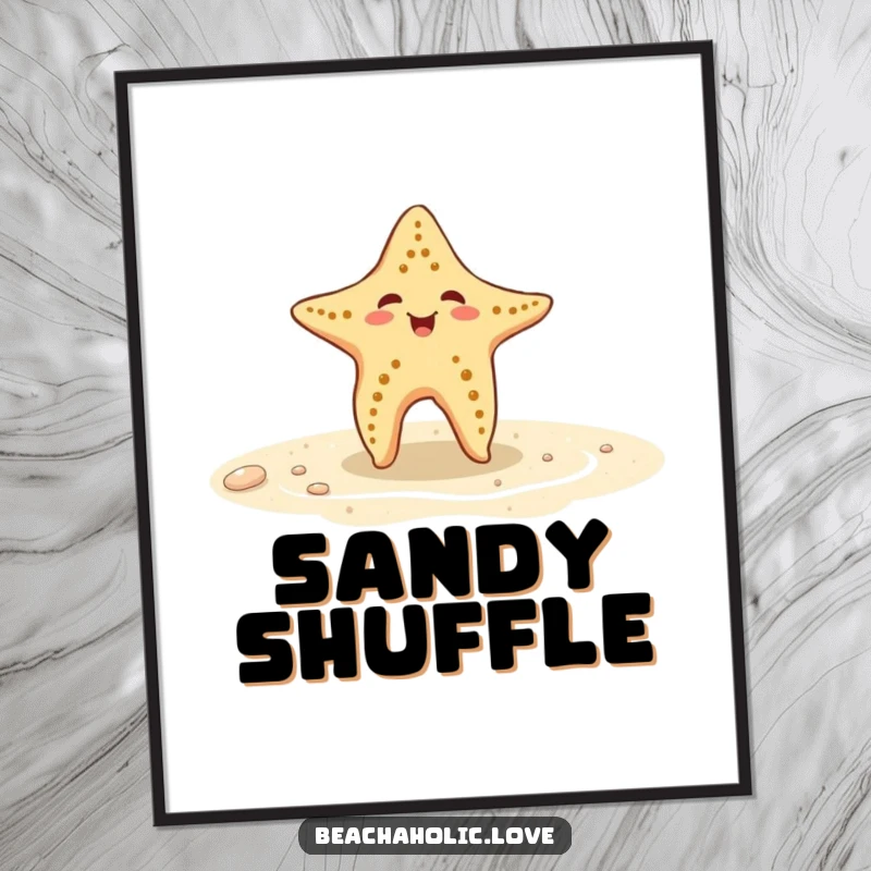 Funny starfish poster: a playful starfish dances energetically on wet sand, creating a lively and humorous wall art, ideal funny gift.