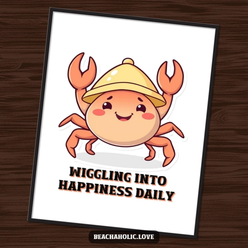 Funny Free Printable Wall Art: a cheerful crab sporting a tiny sunhat, joyfully wiggling its claws with a sunny disposition.