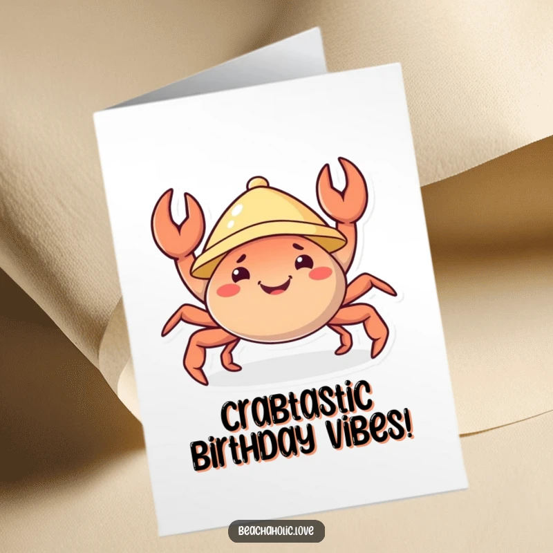 Funny Free Printable Birthday Card: a cheerful crab wearing a tiny sunhat, joyfully wiggling its claws at a party.