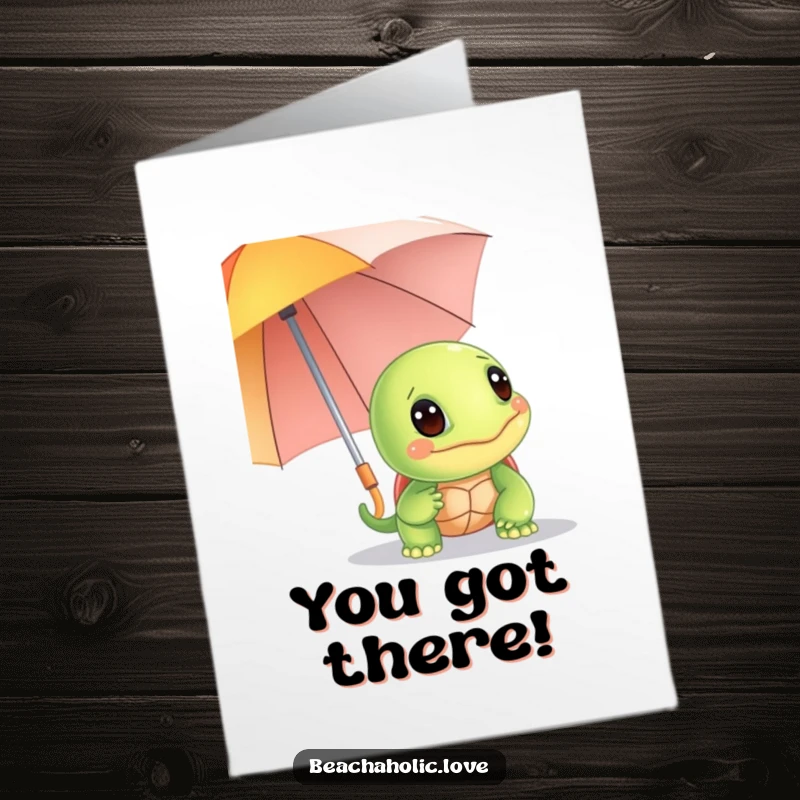 Funny Free Printable Congratulations Card: a giggling turtle peeking from behind a bright umbrella, sharing happy news.