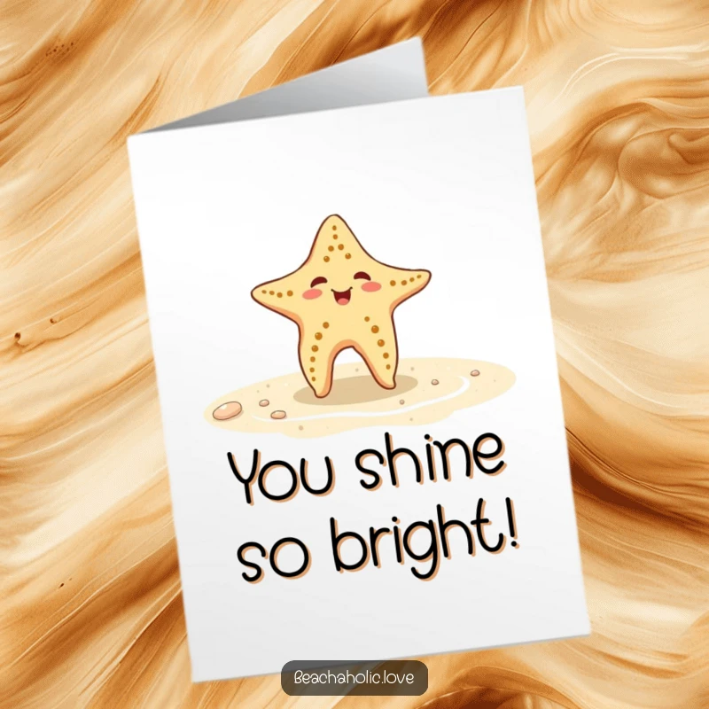 Funny Free Printable Congratulations Card: a playful starfish doing a happy dance on wet sand to celebrate achievements.