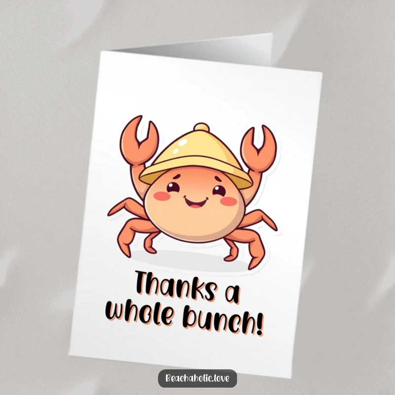 Funny Free Printable Thank You Card: a cheerful crab wearing a sunhat, wiggling its claws happily to express thanks.