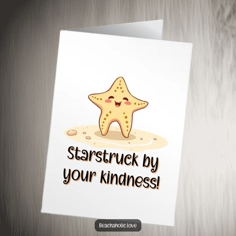 Funny Free Printable Thank You Card: a playful starfish doing a little dance on the wet sand, showing appreciation.