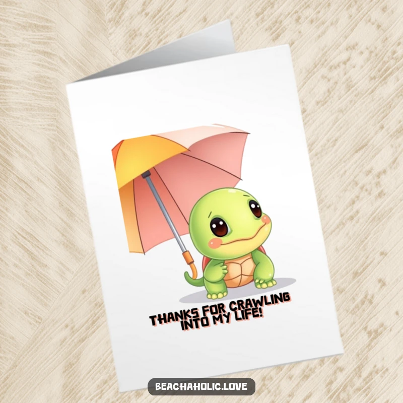 Funny Free Printable Thank You Card: a giggling turtle peeking curiously from behind a bright umbrella, conveying thanks.