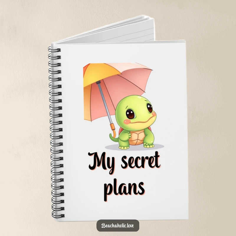 Funny turtle notebook: a giggling turtle peeks from behind a bright umbrella, perfect for journaling and notes, a delightful funny gift.