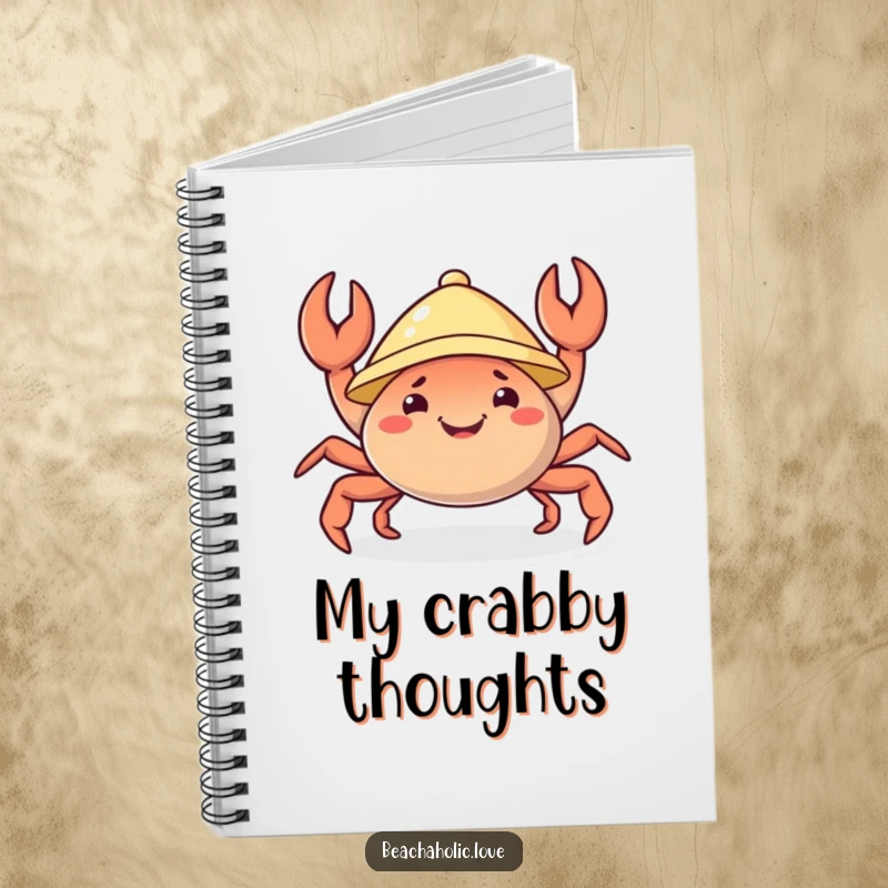 Funny crab notebook: a cheerful crab in a sunhat wiggles its claws, perfect for journaling and notes, a delightful funny gift.