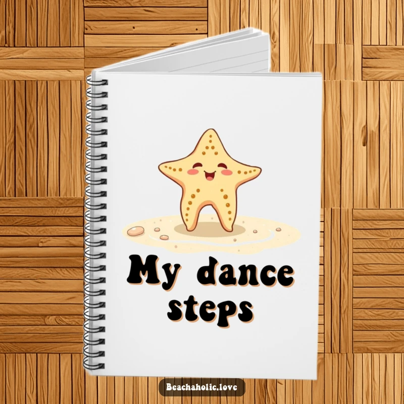 Funny starfish notebook: a playful starfish dances on wet sand, perfect for journaling and notes, a delightful funny gift.