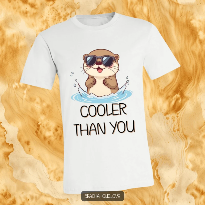 Funny otter t-shirt: a happy otter wearing cool sunglasses playfully splashes water, showcasing a fun personality, perfect funny gift.