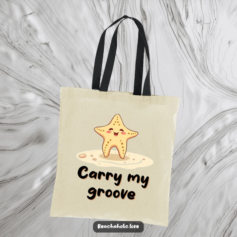 Funny starfish tote bag: a playful starfish dances on wet sand, stylish and humorous, a perfect funny gift.